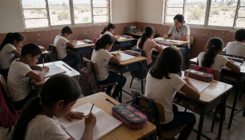Aula de primaria con estudiantes concentrados en su trabajo sin dispositivos móviles visibles