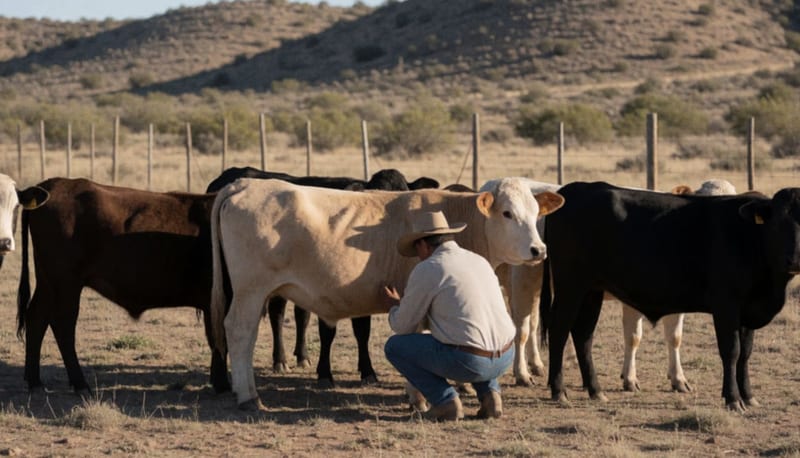 Ganadero visto de espaldas revisando a una vaca en un pastizal seco con cerros al fondo al atardecer