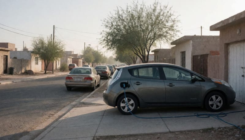 Auto eléctrico conectado a un cargador en una entrada residencial con casas bajas y árboles al fondo bajo la luz de la mañana
