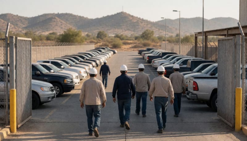 Trabajadores con casco caminan hacia un estacionamiento con camionetas al terminar su turno, con cerros áridos al fondo
