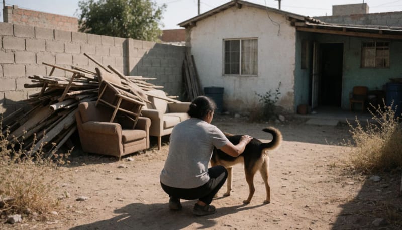 Persona agachada de espaldas revisa el pelaje de un perro en un patio polvoriento junto a muebles viejos y maleza seca