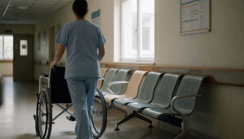 Enfermera de espaldas empujando una silla de ruedas vacía por un pasillo de hospital con sillas de plástico