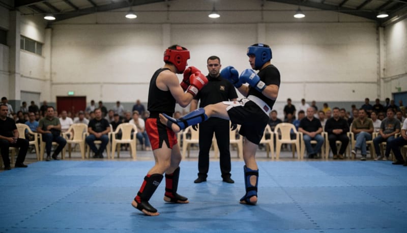 Dos peleadores con guantes y casco intercambian patadas sobre un ring de kick boxing en un gimnasio amplio con público al fondo