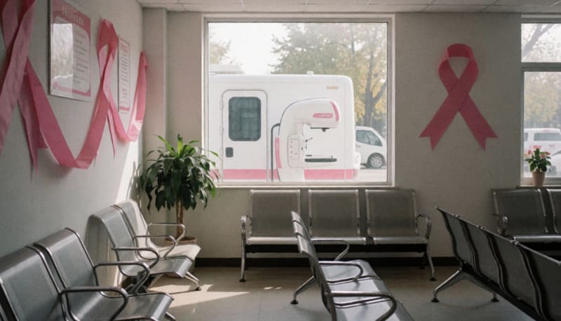 Sala de espera de una clínica adornada con listones rosas