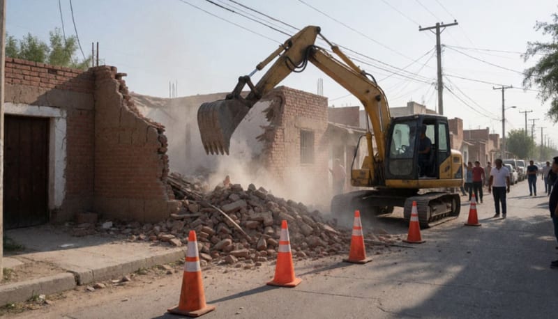 Excavadora derribando una casa de ladrillo dañada en una calle residencial, con escombros, polvo y conos naranjas junto a la banqueta