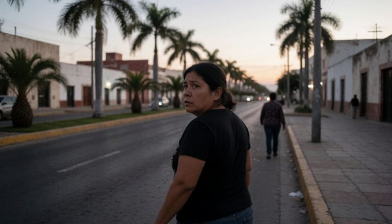 Mujer caminando por una calle con expresión de inquietud, mirando hacia atrás en una avenida urbana