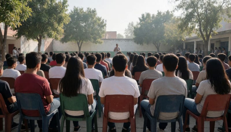 Grupo numeroso de jóvenes sentados en sillas de plástico en un patio al aire libre, vistos desde atrás, bajo el sol de la mañana