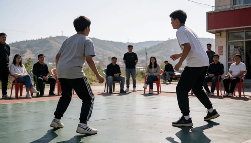 Dos jugadores en una pequeña cancha cuadrada durante un juego de pelota, vistos de espaldas, con espectadores sentados al borde y cerros al fondo