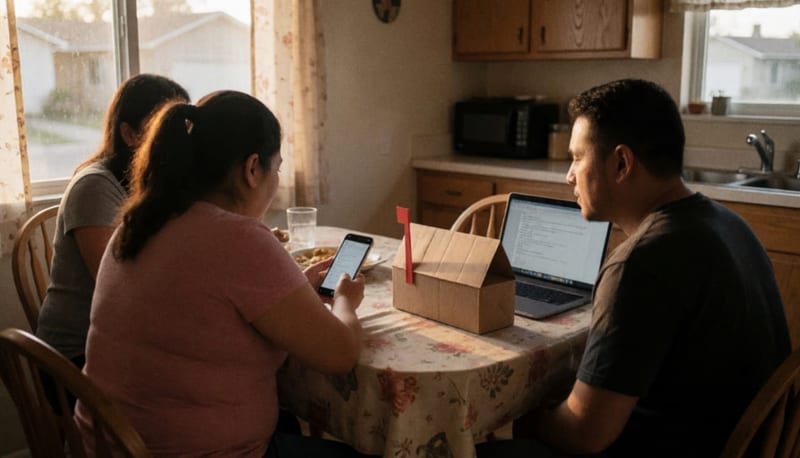 Familia sentada alrededor de una mesa de cocina con un celular, una laptop y un sobre de cartón bajo luz cálida de tarde