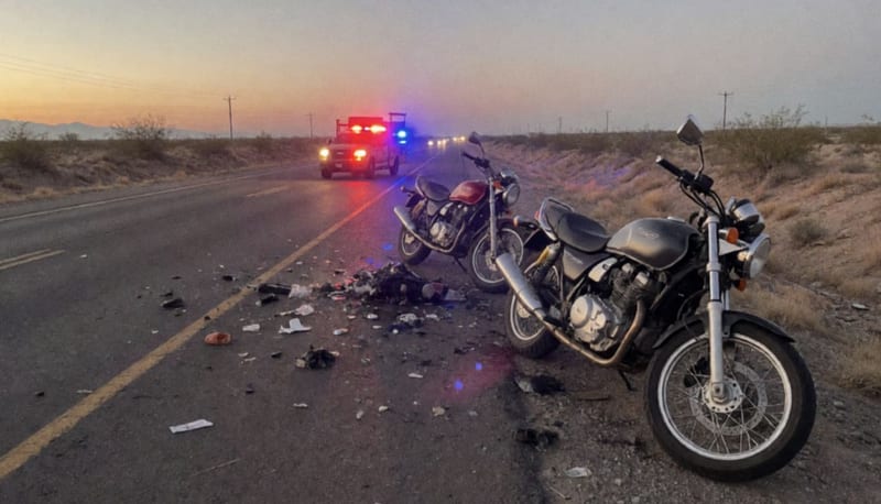 Motocicletas dañadas al costado de una carretera desértica con luces de emergencia activadas