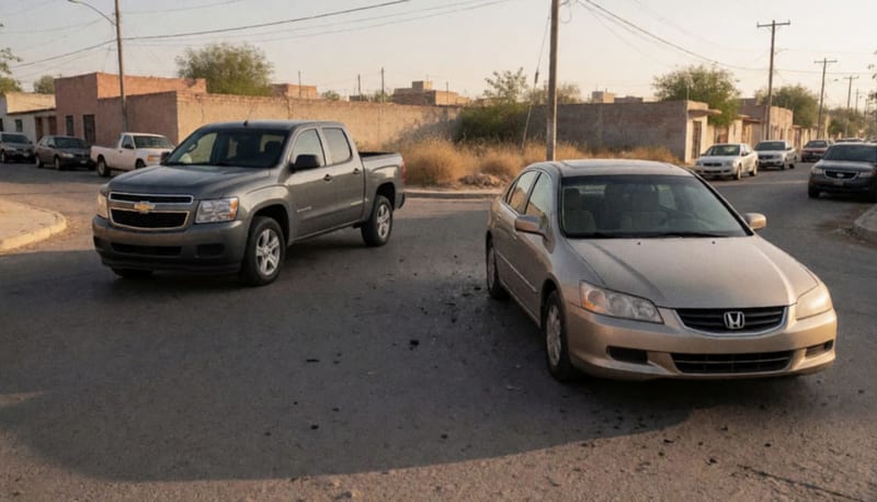 Dos vehículos accidentados en una intersección urbana, uno con daños visibles en el costado izquierdo