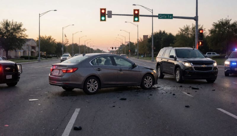 Automóvil gris dañado en una intersección después de un choque frontal en avenida urbana al amanecer