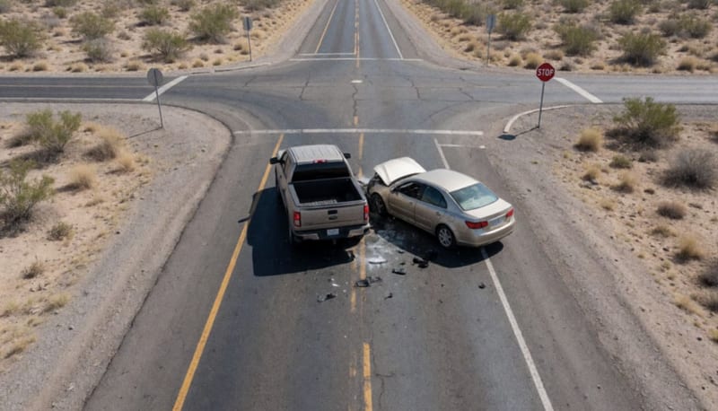 Dos vehículos dañados sobre una carretera desértica tras colisión en un cruce de Delicias