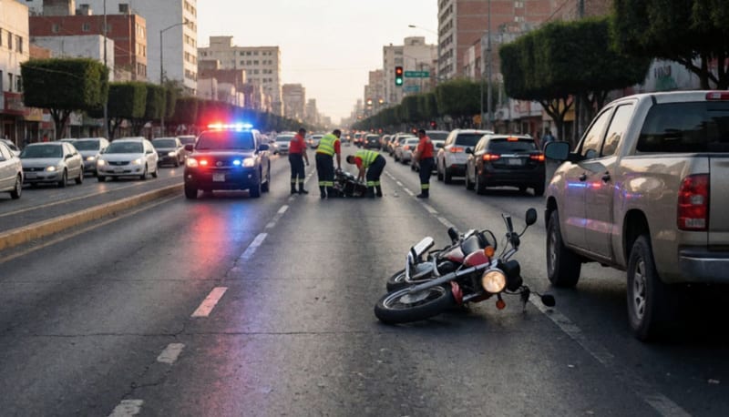 Motocicleta caída sobre el asfalto detrás de una camioneta en una avenida concurrida con luces de emergencia al atardecer