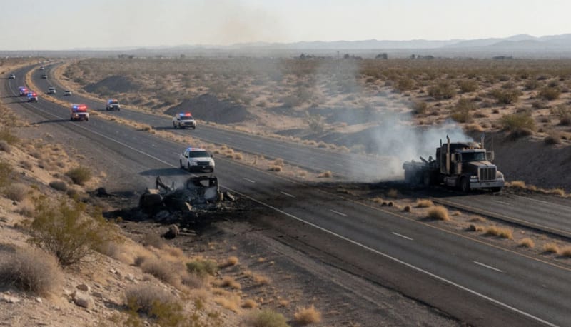 Restos calcinados de un tractocamión en la autopista Jiménez-Torreón rodeados de unidades de emergencia