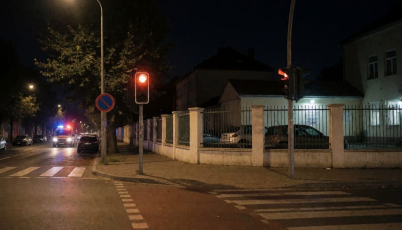 Cruce con semáforo de noche y una barda escolar dañada tras un choque