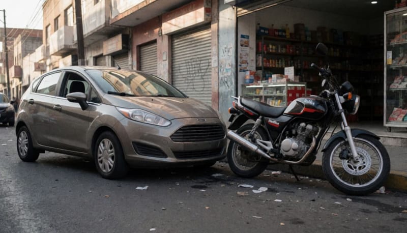 Automóvil Ford y motocicleta dañados tras choque en una avenida de la ciudad