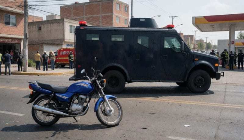 Motocicleta y vehículo de valores dañados tras colisión en una calle de Delicias