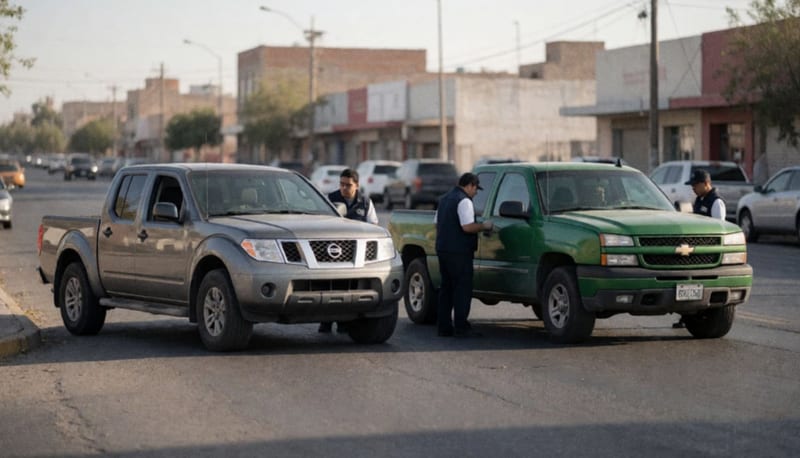 Dos camionetas de colores gris y verde después de un choque leve en una intersección de calle urbana