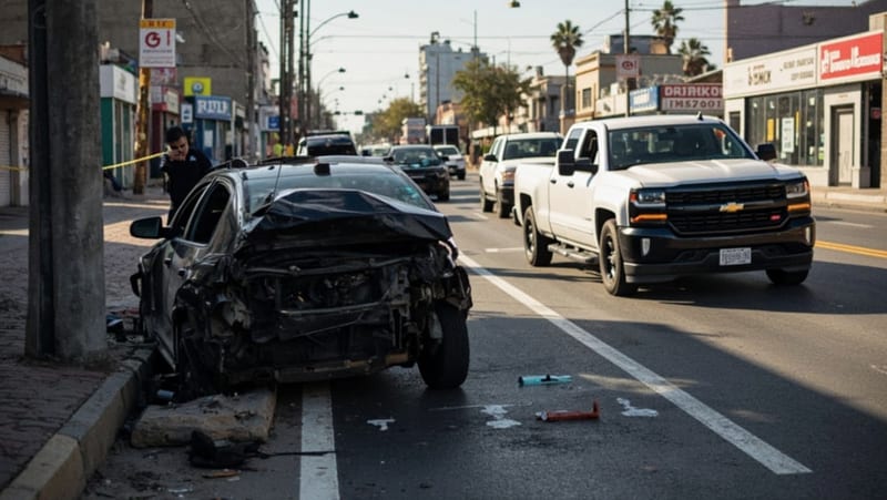 Automóvil compacto dañado contra la banqueta tras impacto de camioneta en avenida del Reliz