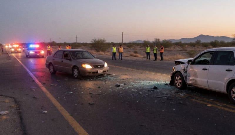 Vehículos dañados en la carretera tras choque frontal en zona semidesértica, luces de emergencia iluminando la escena