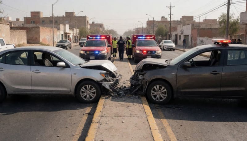 Dos vehículos dañados en la escena de un choque frontal sobre una avenida urbana