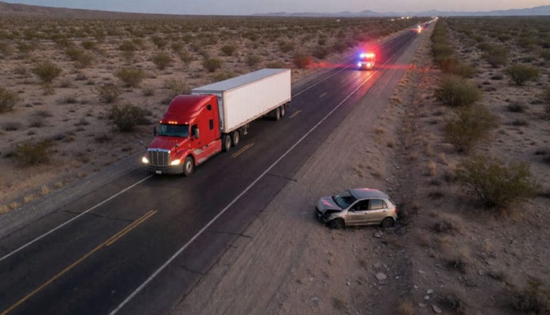 Vista aérea de una carretera desértica al atardecer con un tráiler detenido, un auto destrozado en la orilla y luces de emergencia