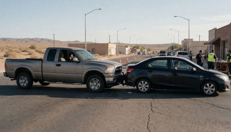 Dos vehículos dañados tras colisión en una intersección de calle árida con edificios bajos al fondo