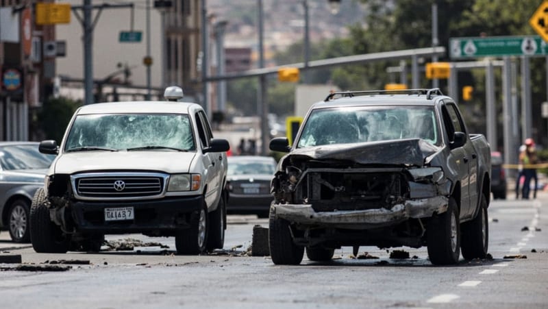 Dos automóviles dañados tras colisión en una intersección de una avenida citadina