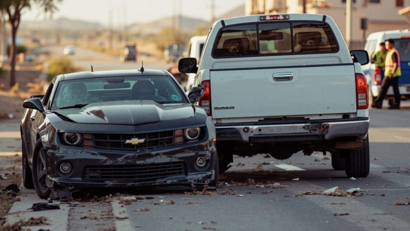Choque violento entre Camaro y pick up deja daños severos en el sur de Chihuahua