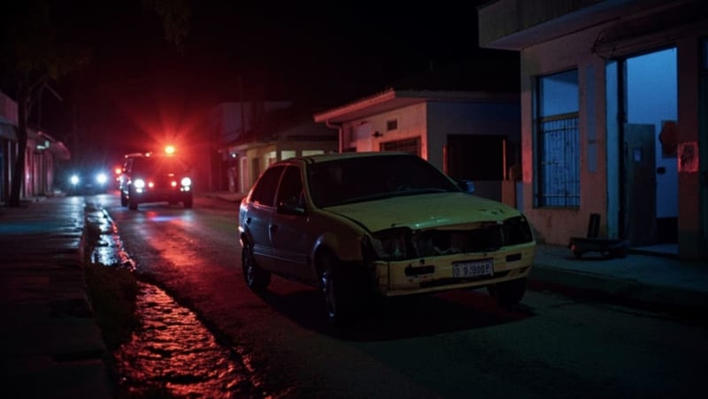 Automóvil dañado en una calle oscura de Camargo con luces de emergencia iluminando el lugar del accidente