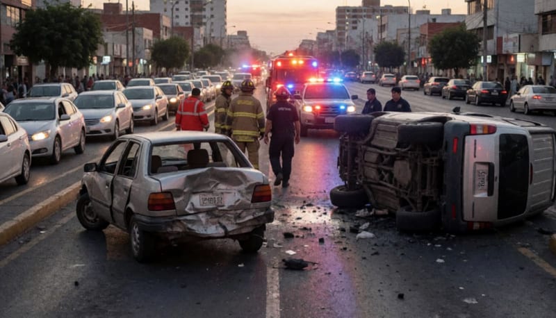 Vehículos siniestrados sobre una avenida de varios carriles al atardecer con rescatistas a lo lejos y tráfico detenido