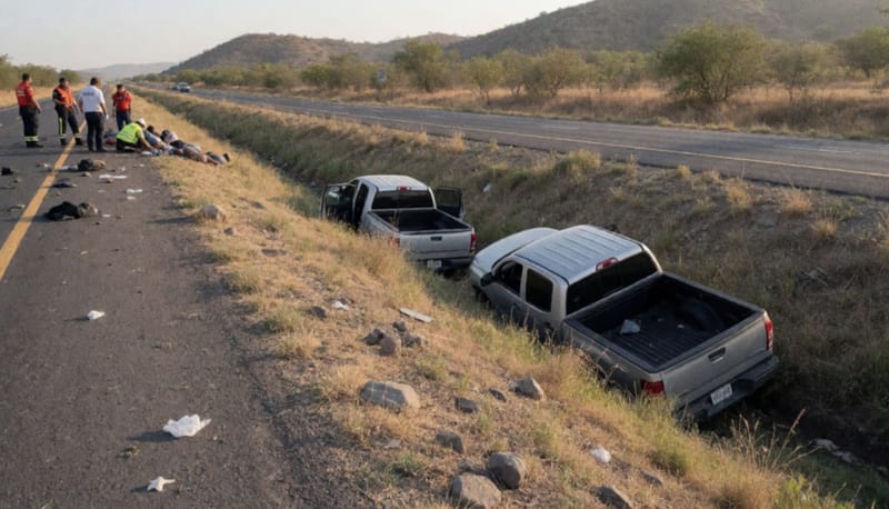 Dos camionetas volcadas en la canaleta central de una carretera con paramédicos atendiendo personas a lo lejos al atardecer