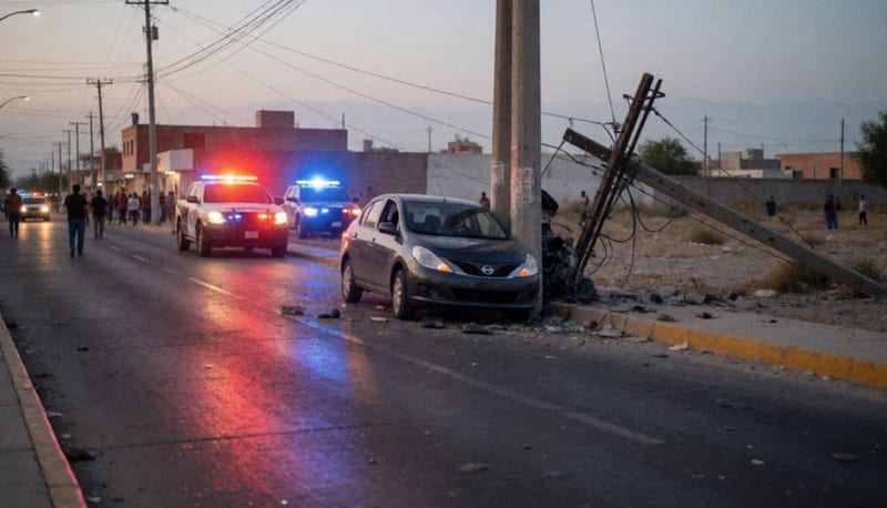 Automóvil Nissan Versa destrozado contra un poste eléctrico en una calle de Chihuahua rodeado de luces de emergencia