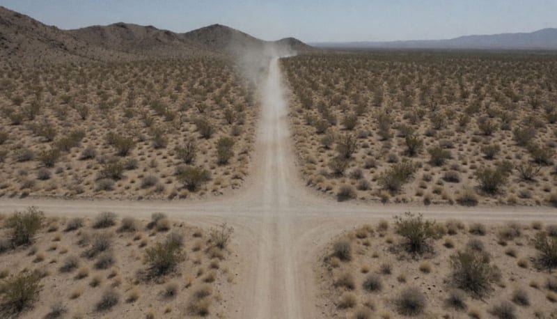 Brecha de terracería que cruza un paisaje desértico del norte de Chihuahua