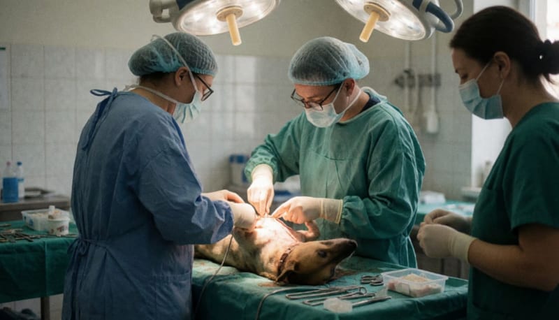 Veterinarios realizando una cirugía de esterilización en una clínica veterinaria