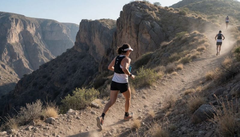 Corredores en acción sobre senderos de montaña con acantilados escarpados al fondo en el paisaje desértico