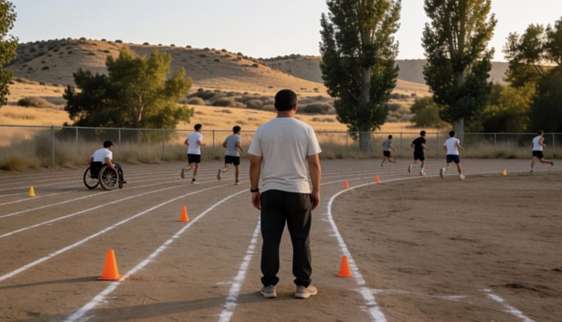 Entrenador de espaldas observa a corredores y un atleta en silla de ruedas en una pista al atardecer
