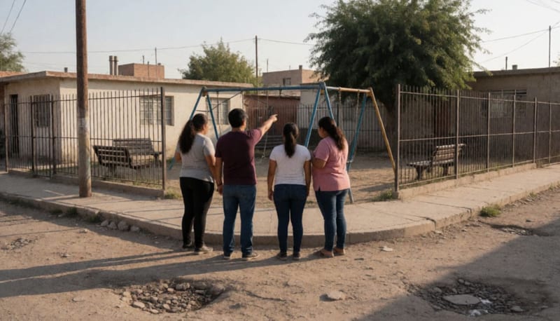 Vecinos de espaldas señalan una calle con baches junto a un pequeño parque de barrio bajo la luz de la tarde