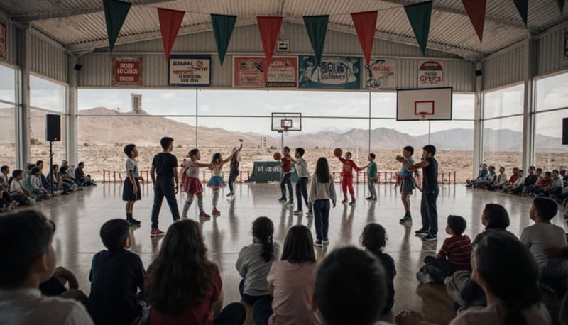 Niños ejecutando demostraciones de básquetbol, baile y karate ante sus familias en un polideportivo