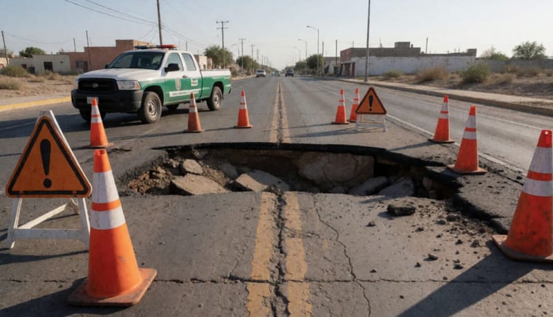 Socavón en el pavimento de una avenida con conos de seguridad y barricadas preventivas