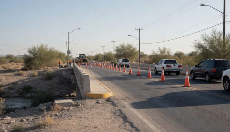Barricadas y conos de construcción bloqueando un puente en una avenida del desierto chihuahuense