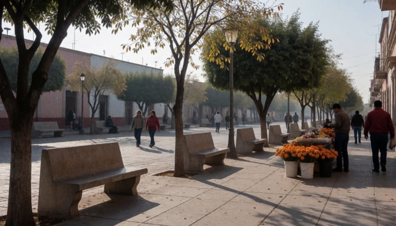 Plaza tranquila de una ciudad del norte de México con bancas vacías y cubetas de flores de cempasúchil en la banqueta