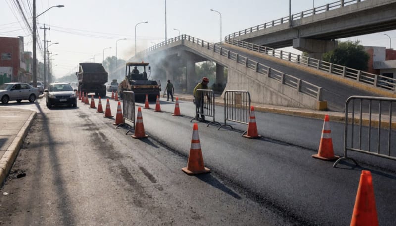 Obreros y maquinaria pavimentan una avenida junto a una rampa de puente con conos naranjas y vallas metálicas bloqueando el carril