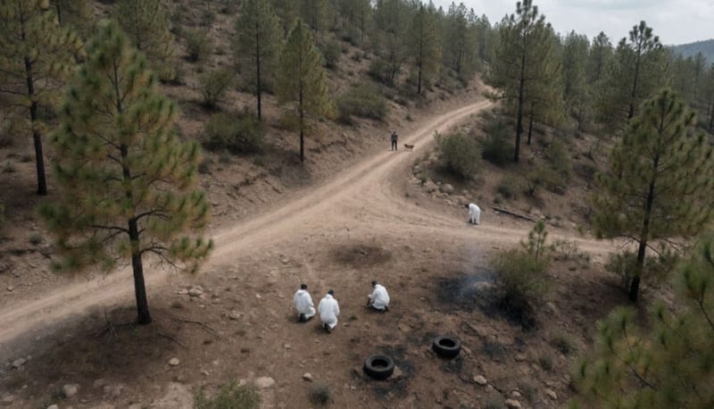 Vista aérea de un claro en la sierra con camino de terracería y personas lejanas trabajando sobre terreno quemado