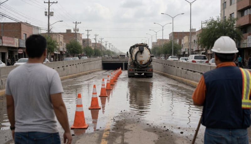 Paso a desnivel inundado en Ciudad Juárez con un camión de succión y conos de tránsito