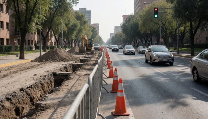 Avenida con un carril cerrado por zanja y maquinaria, conos naranjas y autos circulando despacio por el carril habilitado