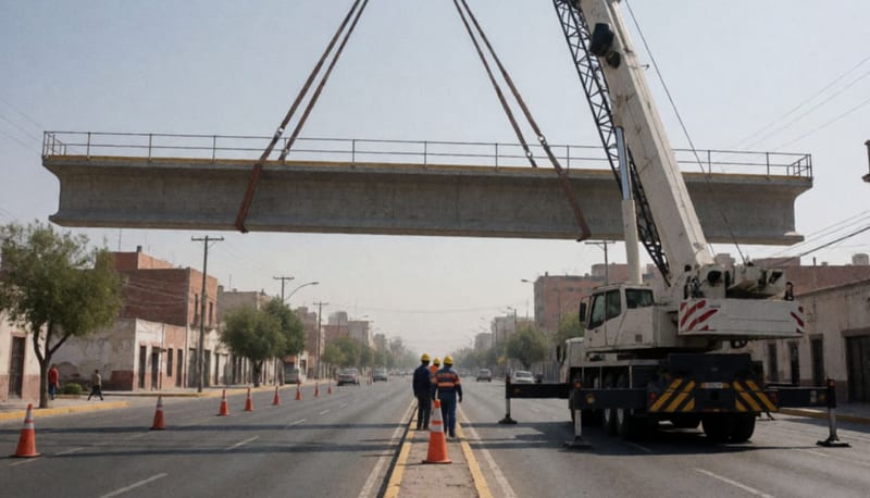 Grúa levantando una trabe de concreto sobre una avenida cerrada