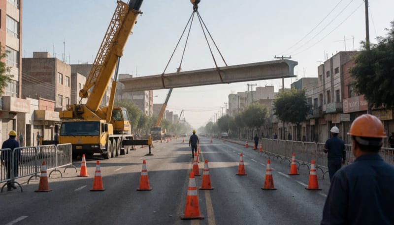 Grúa amarilla levantando una larga viga de concreto sobre una avenida cerrada con conos naranjas y vallas metálicas