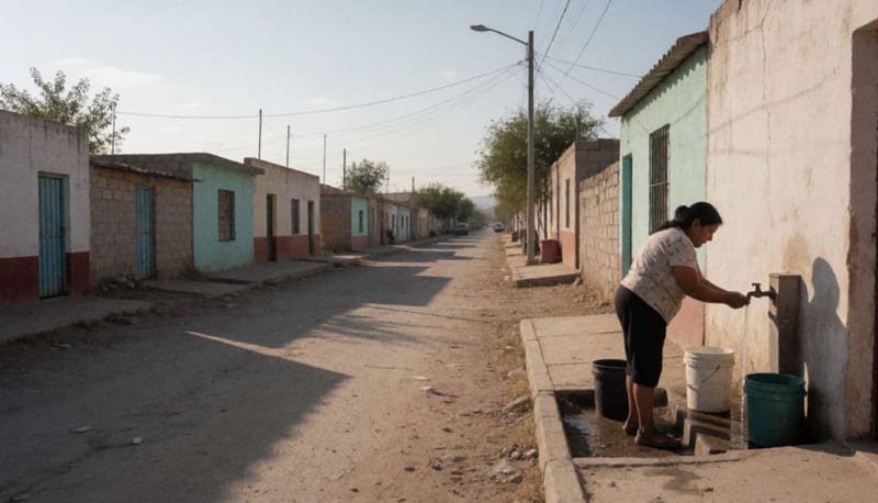 Mujer junto a una llave de agua con cubetas vacías en una calle residencial del norte de la ciudad